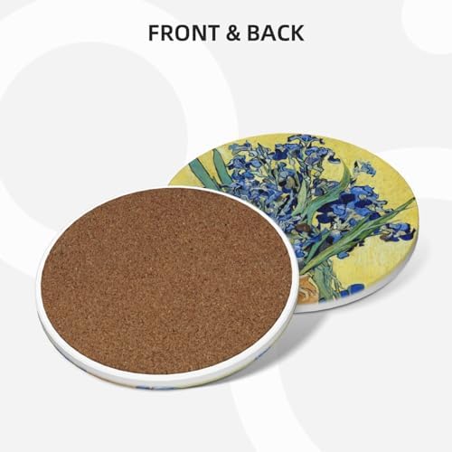 Van Gogh Drink Coasters with Holder - 6 Set Ceramic Coaster for Drinks Absorbent with Cork Base and Golden Holder - Coasters for Coffee Table Apartment Wooden Bar Mugs Glasses Cup Beer