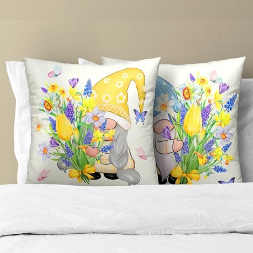 Spring Gnome Decorative Throw Pillow Cover 20x20 Inch Set of 2 Bloom Flower Pillowcase Spring Easter Colorful Floral Farmhouse Cushion Covers for Home Sofa Living Room Decor
