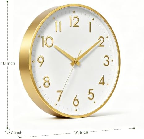 Mosewa 10 Inch Wall Clock Battery Operated Silent Non Ticking Analog | White Gold modern clock; oversized 3D easy-read dial for kitchen, bedroom & office; 1 AA battery (not included)