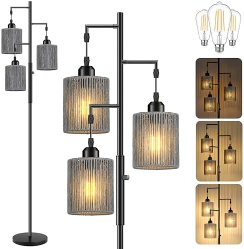 Hotsonic 72" Boho Rattan Tree Floor Lamp, Tall Dimmable Industrial Standing Lamp, Corner Decor Accent Lighting for Living Room, Bedroom, Dining Room, Nursery, Cafe (3 x 800LM Bulbs Included) - Black