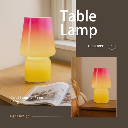 Mushroom Lamp,Mother's Day Gifts,Small Table Lamp,Cute Nightstand Kitchen Mini Lamp,Glass Table Lamp,Suitable for Bedrooms, Kitchens, Living Rooms, Bedside, Girl Gifts（Pink Gradient）