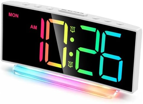 Cadmos Loud Alarm Clocks for Heavy Sleepers,Adults,Kids,Teens,Large Digital Display,7 Color Night Light,Adjustable Volume,Battery Backup,Small Bedside Clocks for Bedrooms (White+Dynamic)