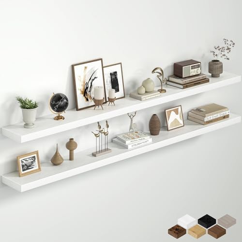 72 Inch Floating Shelves for Wall, Rustic Wood Wall Mounted Deep Storage Shelves with Invisible Brackets, Panoramic Decorative Display Ledge for Living Room Bedroom and Kitchen, Set of 2, White