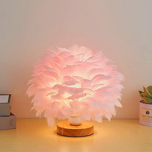 Feather Table Lamp Bedside Lamp with Wooden Base Feather Table Light Desk Lampshade for Bedroom Lamp, Decorative Lamp, Living Room