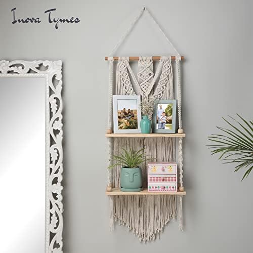 Macrame Wall Hanging Shelf - Boho Shelves Bedroom Decor | Macrame Wall Decor for Kitchen, Plant Hanger Shelves, Woven Rope Floating Shelves & Home Storage Organizer - 2 Tier