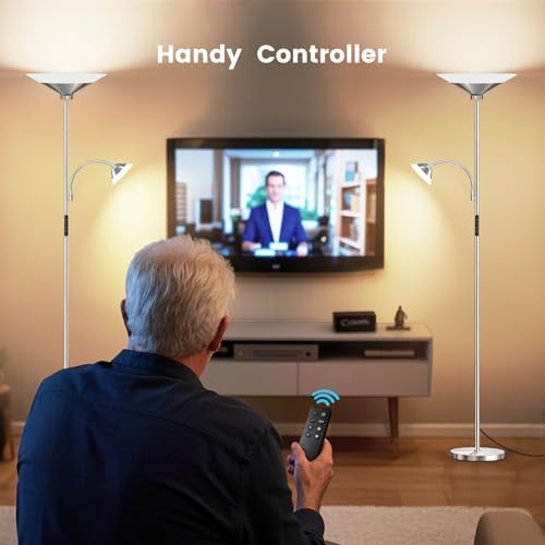 SIBRILLE Metallic Sliver Torchiere Floor Lamp, 2 Way 72'' Dimmable LED Standing lamp with Rmote, Multi Color Temps, 34W Tall Light with Independent Control for Living Room Bedroom Office Reading ﻿