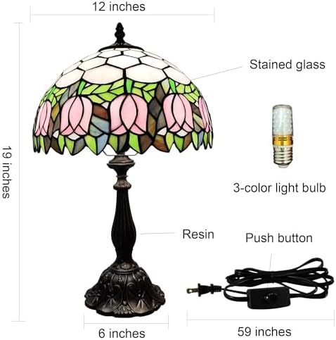 Tiffany Table Lamp 3-Color Light Stained Glass Lamp Tiffany Style Vintage Beside Reading Lamp 12 inch Living Room Light Flowers Style Antique Nightstand Light (Pink Tulip)