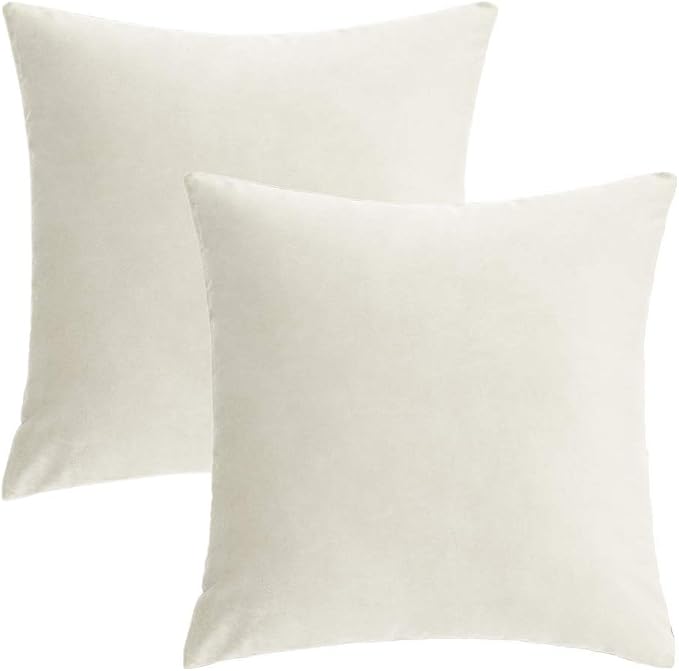 VAKADO Beige Cream Velvet Throw Pillow Covers Decorative Cozy Cushion Cases Soft Solid Square Home Decor for Couch Car Sofa Bedroom Office 18x18 Inch Set of 2