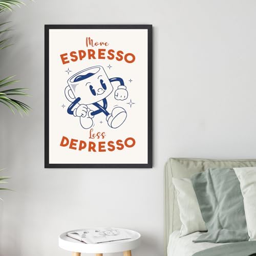 Cyebmo Black White Coffee Wall Art, More Espresso Less Depresso Wall Decor, Funny Coffee Canvas Painting, Cute Cartoon Cafe Cup Poster Print for Kitchen Office Cafe Bar, Wood Framed 12x16 Inch