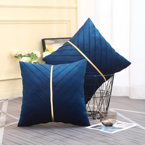 Velvet Throw Pillow Covers 16x16 Pack of 2 Gold Decor Navy Blue