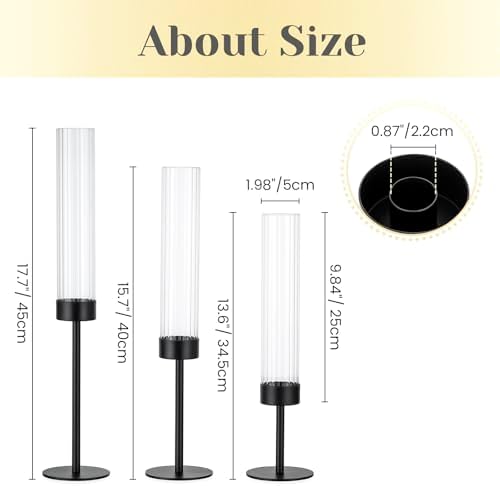 Hewory Black Taper Candle Holders: Candlestick Holders Set of 3 Hurricane Glass Tall Candle Holder for Candlesticks Candle Sticks Holder Decor for Table Centerpiece Wedding Party Christmas Decorations