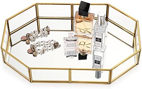 Hipiwe Gold Perfume Tray - Glass Mirrored Makeup Tray, Large 12.4"x 8.2"