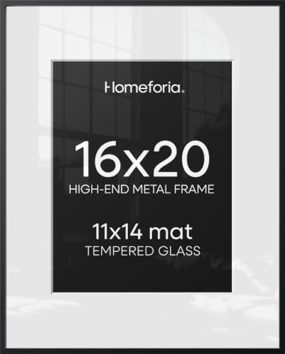 Homeforia 16x20 Black Picture Frame, High-End Metal, 11x14 Mat, Glass