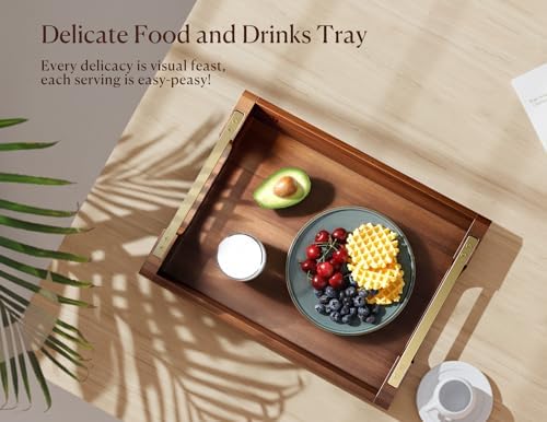 Acacia Wood Serving Tray with Metal Handles, 17x13in Large Ottoman Tray, Food Drinks Tray for Coffee Table, Breakfast, Dinner & Bar, Rustic Decorative Tray for Kitchen, Bedroom Gift Box