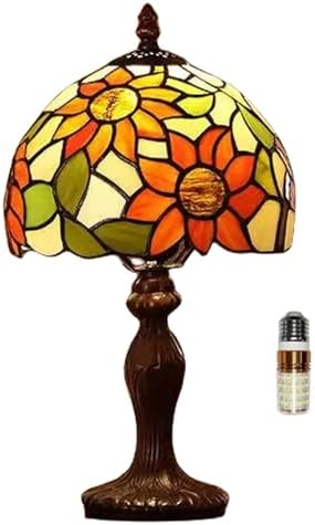 Tiffany Table Lamp,3 Color-Temperature Sunflower Stained Glass Lamp,8X8X15 Inch Small Accent Antique Nightstand Bedside Table Lamps for Bedroom Living Room Home Office Light +LED Bulb
