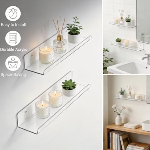 ROYALITA 2-Pack Acrylic Shelves Wall Mounted, 17 Inch Display Shelves