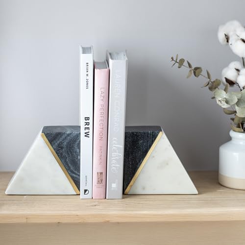 Cork & Mill Marble Bookends with Gold Brass, Grey and White, Set of 2