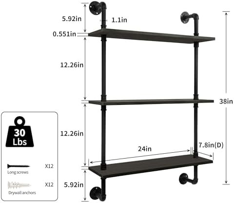3-Tier Industrial Pipe Floating Shelf – Rustic 24 inch Wood Wall-Mounted Storage Shelf for Kitchen Office,Bathroom & Home Decor -Black