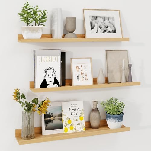 Axeman 30 Inch Floating Shelves, Oak Picture Ledge Shelf Set of 3