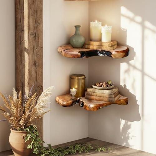 WELLAND Live Edge Cedar Corner Shelf Set of 2, Floating Wall Shelves