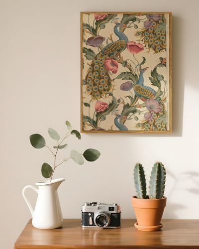 WHASAYART Vintage Peacock Floral Wall Art Framed Canvas Wall Decor 12x16in | Classic Retro Flowers Botanical Bird Painting Print, Boho Nature-Inspired Decor, Abstract Animal Artwork for Bedroom Bathroom