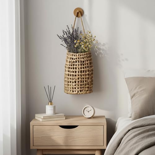 Hiceeden Woven Front Door Basket, Water Hyacinth Hanging Wall Flower Basket, Wall Decor Boho Decoration Veggies Storage Basket for Home, Pantry, Garden, Farmhouse