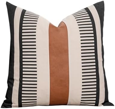 18x18 Inch Pillow Cover - Brown Faux Leather & Black White Striped Cotton Splicing, Same Pattern Both Sides | for Couch Sofa Bed, Farmhouse Industrial Decor