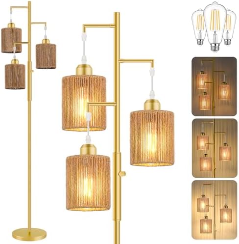 Hotsonic 72" Boho Rattan Tree Floor Lamp, Tall Dimmable Industrial Standing Lamp, Corner Decor Accent Lighting for Living Room, Bedroom, Dining Room, Nursery, Cafe (3 x 800LM Bulbs Included) - Gold