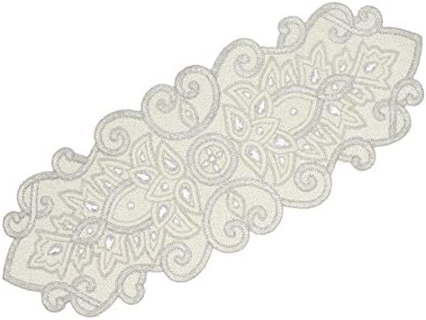 COTTON CRAFT Handmade Beaded Table Runner - 13x36 inches - Ivory & Silver