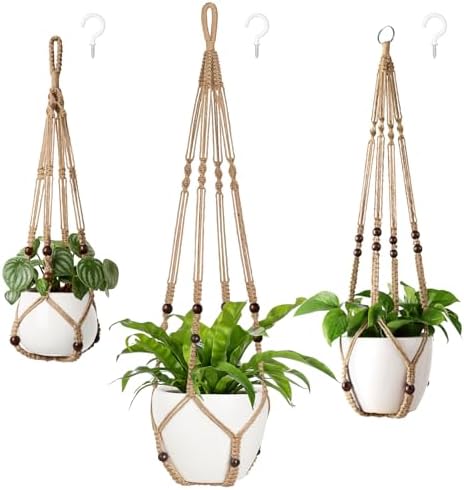 Mkono 3 Pack Macrame Plant Hangers Hanging Planters for Indoor Plants Brown