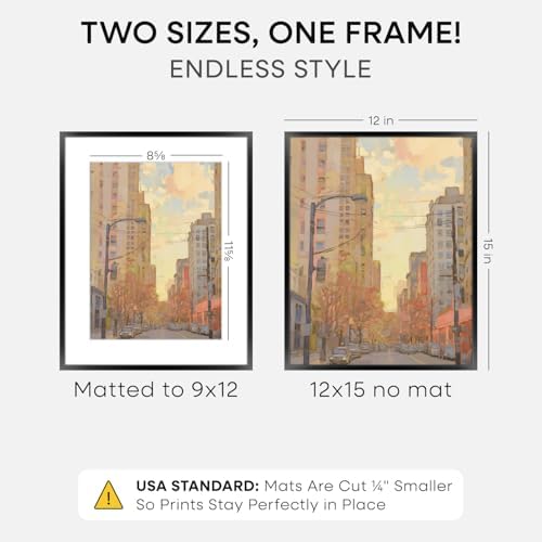 Homeforia 12x15 Black Picture Frame, High-End Metal, 9x12 Mat, Glass