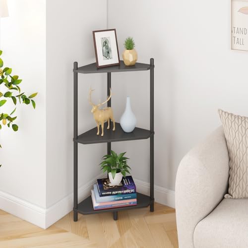 Wisuce Black Small Corner Shelf Stand, 3-Tier Bamboo Corner Bookshelf