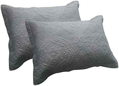 vctops 2-Piece Embroidered Cotton Quilted Pillow Shams Vintage Floral Decorative Pillow Covers Boho Pillow Cases Queen Size, Grey B