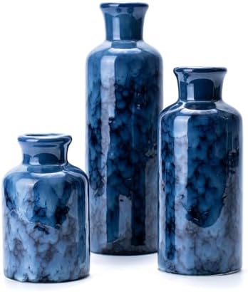 Blue Ceramic Flower Vase Set of 3, Modern Farmhouse Country Costal Vase for Home Decor, Decorative Vase for Table Entryway Mantel Fireplace Centerpieces Living Room Bathroom Decor(Cobalt Blue)