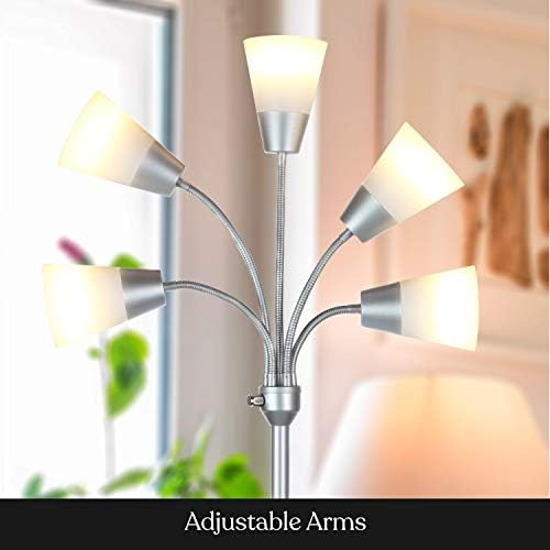 Brightech Medusa Modern LED Floor Lamp – Multi Head Floor Lamp for Living Rooms & Offices – Tall Lamp with Interchangeable Shade, Standing Lamp with 5 LED Bulbs for Hobbies - Silver