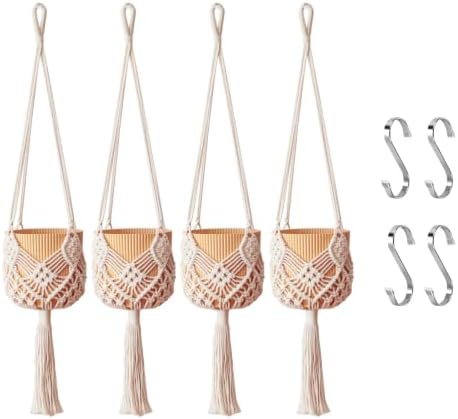 Hanging Planter with Patterns,4Packs Macrame Plant Hangers Indoor Macrame for up to 8 inch Pot Crochet Boho Plant Hanger Holder for Indoor Outdoor with 4 Stainless Steel Hooks (4Pcs White Colors)