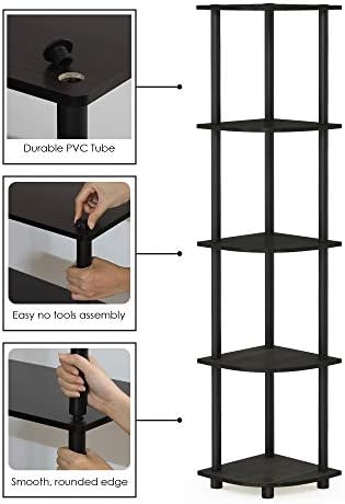 Furinno TURN-N-TUBE Corner Shelf Set of 2, 5-Tier Corner Bookshelf, Open Storage Shelves, for Organization and Storage, Living Room, Home Office, Garage, Espresso