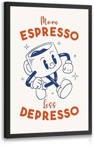 Cyebmo Black White Coffee Wall Art, More Espresso Less Depresso Wall Decor, Funny Coffee Canvas Painting, Cute Cartoon Cafe Cup Poster Print for Kitchen Office Cafe Bar, Wood Framed 12x16 Inch