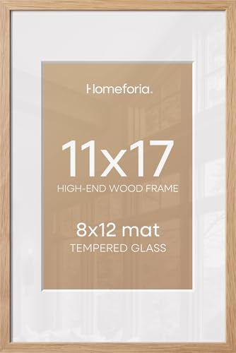 Homeforia 11x17 Natural Oak Picture Frame, High-End Wood, 8x12 Mat, Glass