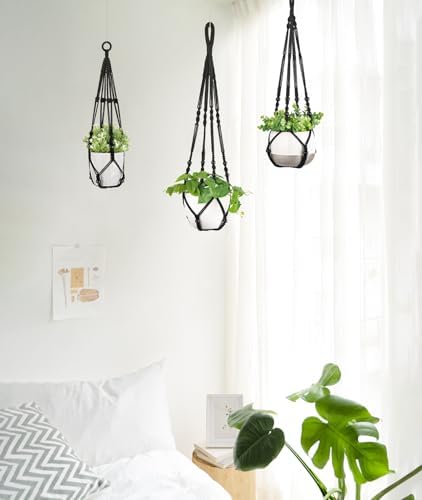Mkono 3 Pack Macrame Plant Hangers Hanging Planters for Indoor Plants Black