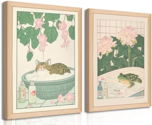 Japanese Cats Frogs Bathroom Wall Art Anime Cute Funny Canvas Print Decor | Set of 2 Wooden Frame Cute Green Kitten in Bathtub Painting Minimalist Zen Picture Wall Decor for Bathroom Kids Room12x16In
