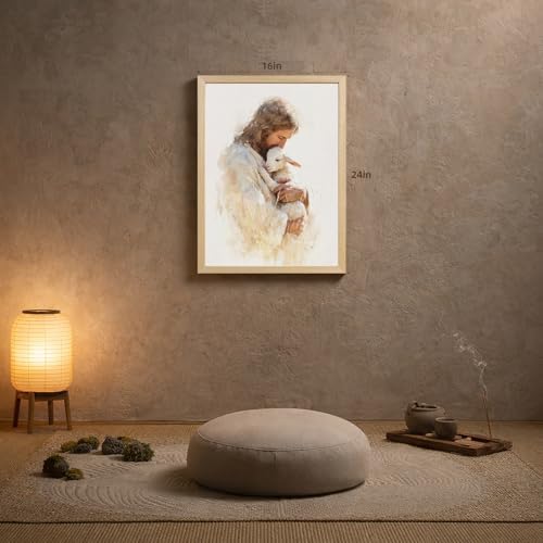 EisEver Jesus Holding Lamb Wall Art, Christian Good Shepherd Religious Decor, Inspirational Jesus and Lamb Canvas Print, Biblical Faith Artwork for Bedroom Prayer Room Church Wood Framed 16x24 Inch