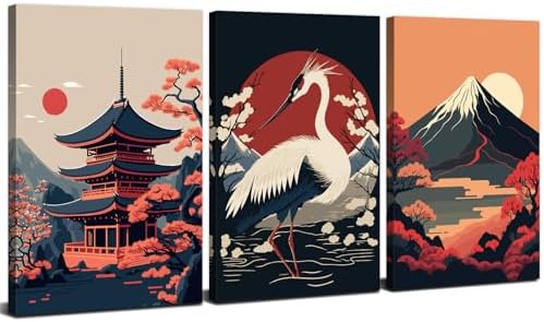 Vintage Japanese Canvas Wall Art Red and Black Japanese Posters Sunset Fuji Mountain Pictures Wall Decor White Crane Paintings Retro Asian Artwork for Living Room Office Home Decorations 16x24" 3Pcs