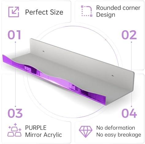 YMVV 15.7 in Large Purple Reflective Acrylic Mounted Floating Shelf, Perfume Organizer Shelf, Modern Bathroom Storage Toy Display Organizer Decor 4 Pack