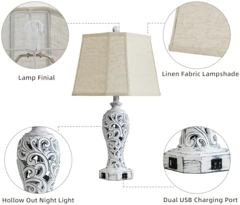 25'' Farmhouse Table Lamps Set of 2 for Living Room with USB C+A