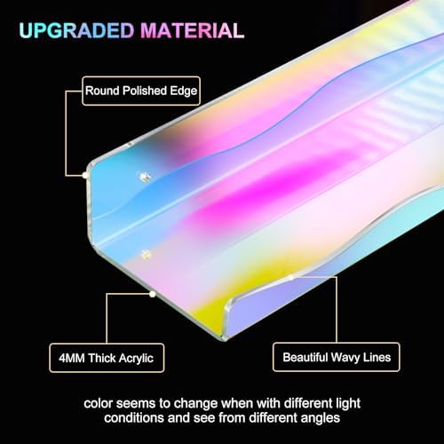 6 Pack Iridescent Acrylic Floating Shelves, 15.7" Clear Acrylic Display Shelves Bookshelf Wall Mounted, Bathroom Kids Room Home Storage Wall Decor Ledge Shelf for Skincare, Perfume, Nail Polish