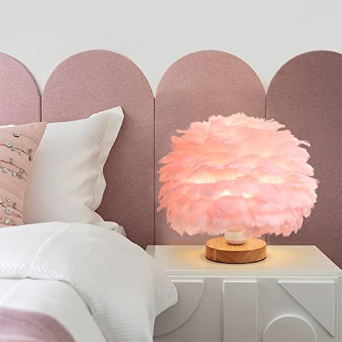 Feather Table Lamp Bedside Lamp with Wooden Base Feather Table Light Desk Lampshade for Bedroom Lamp, Decorative Lamp, Living Room