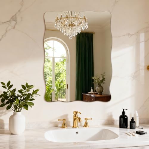 16x20 inch Decorative Scalloped Rectangular Mirror for Wall Decor | High Clear Glass Wavy Mirror with Double-Sided Taps, Frameless Squiggle Mirror for Bathroom, Bedroom, Living Room, Entryway