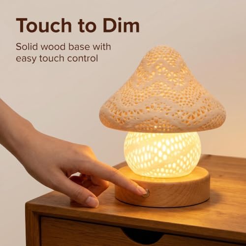 LONRISWAY Rechargeable 3D Print Mushroom Hollow Out Shadow Night Light, Wooden Base Touch Dimmable LED Table Lamp, 900mAh Type-C Rechargeable Ambient Lamp for Bedroom Home Decor 13 * 13 * 15cm