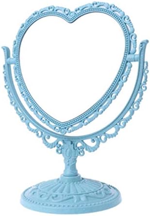 AKOAK Heart-Shaped Cosmetic Mirror - Plastic, Double-Sided, Rotatable, Lightweight Tabletop Mirror for Bathroom & Bedroom (Blue)